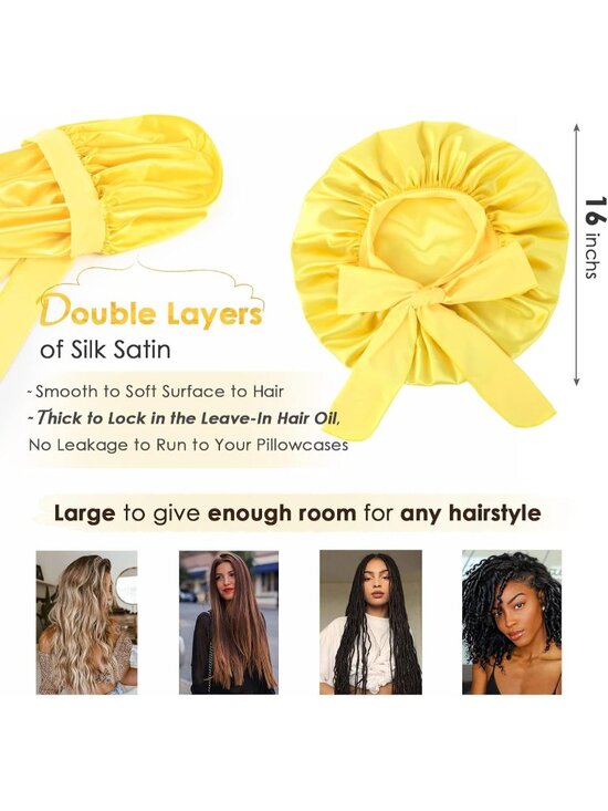 〽️Women Yellow Double Layer Hair Wrap Reduce Friction Prevent Frizz Satin Bonnet